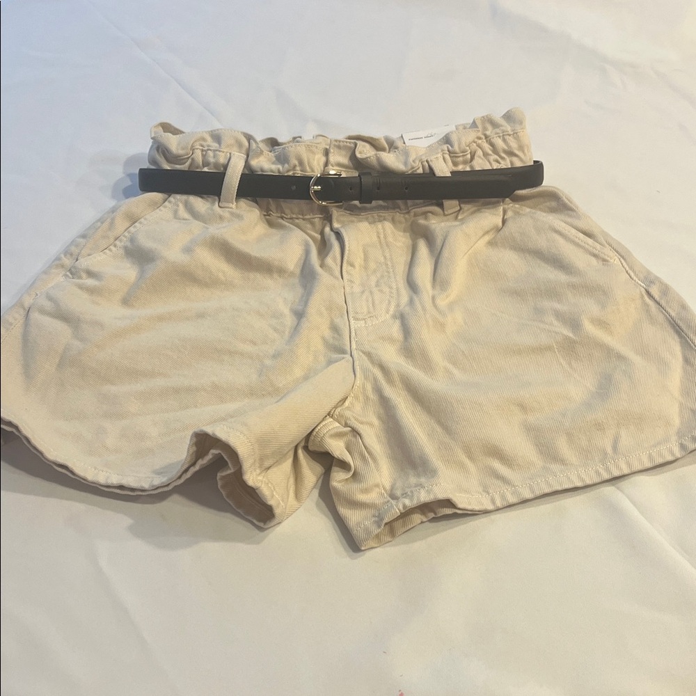 Zara High Waist Cream paper bag Shorts with Black Belt